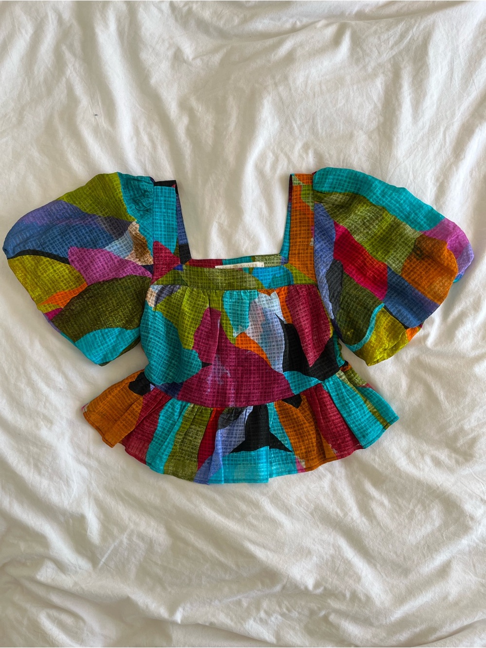 Jewel Multicolour Marie Oliver Kaylee Top Silk Linen Puff Sleeve Blouse